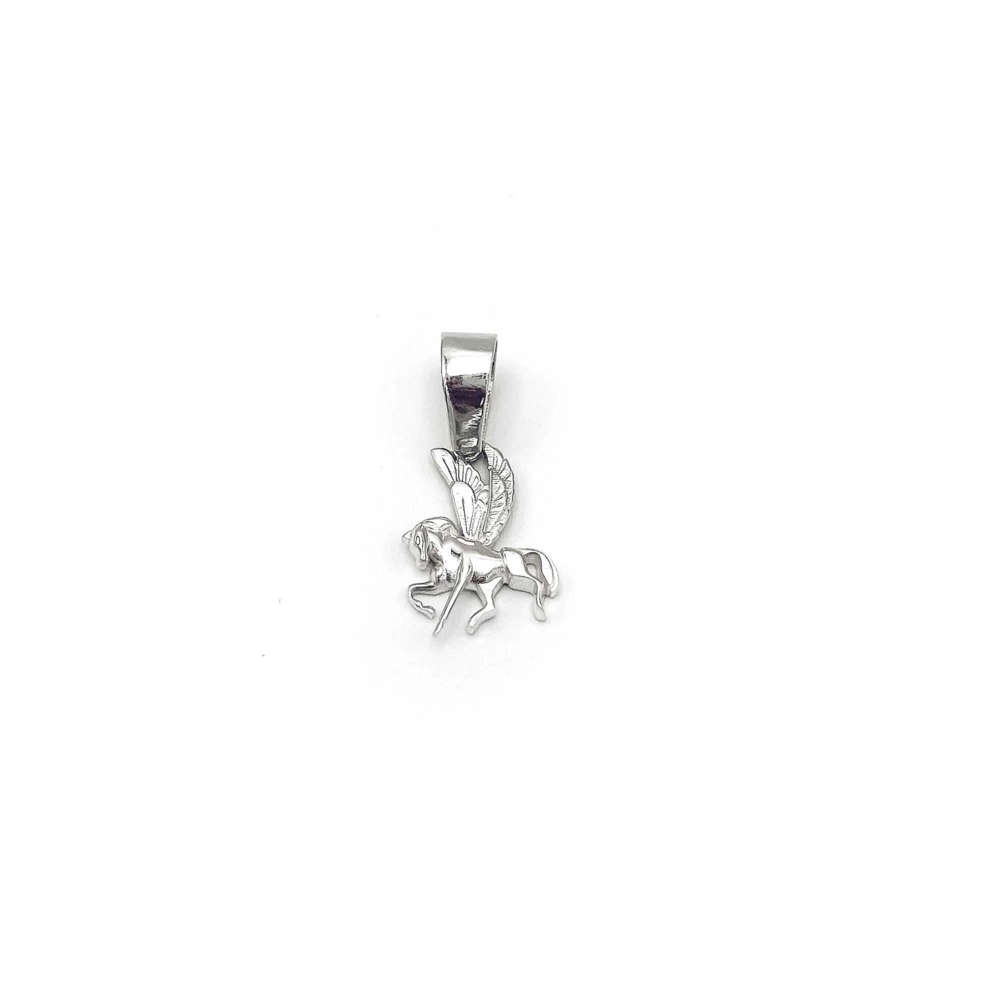 Petite Pegasus winged horse charm in sterling silver .