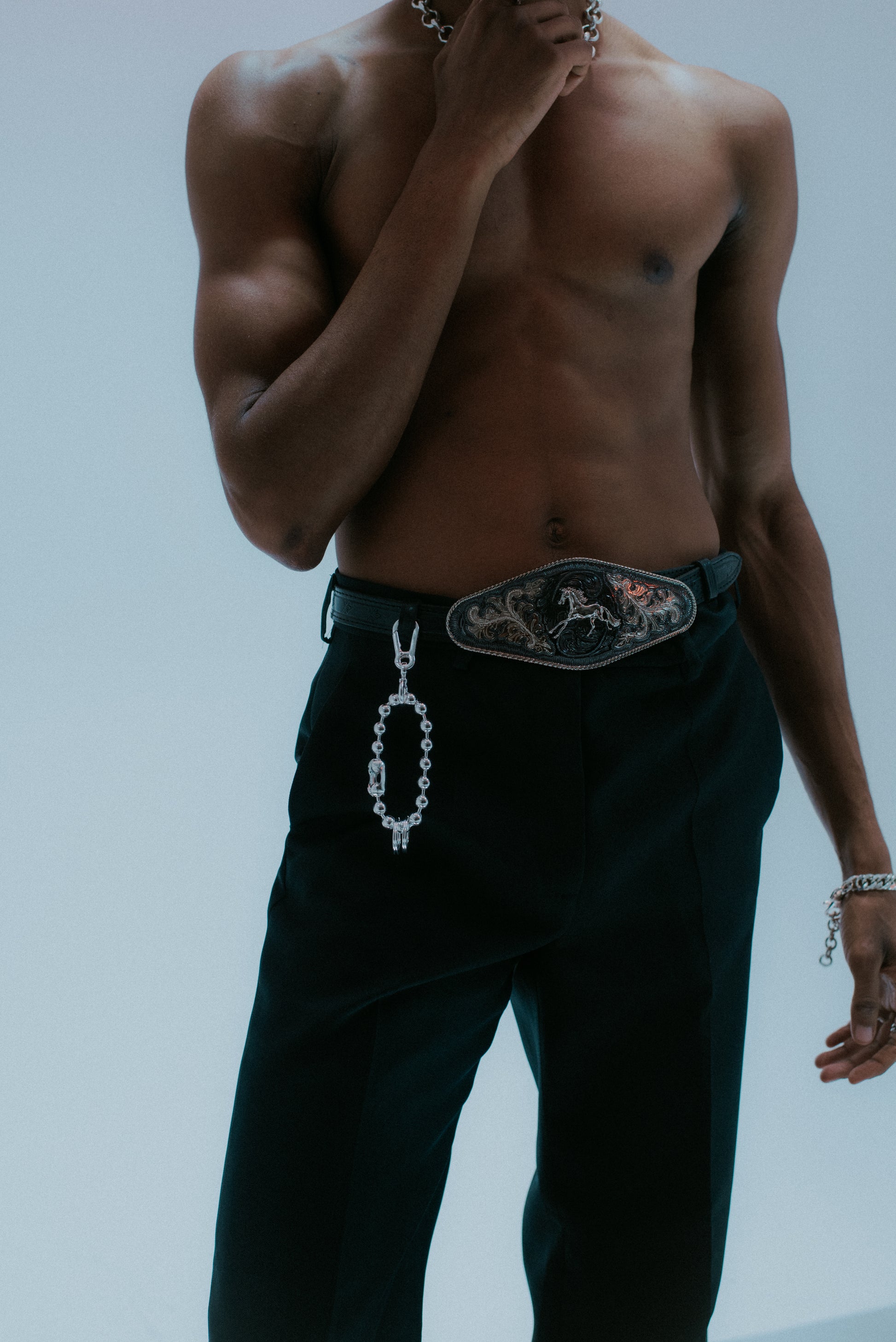 Ball chain wristlet strap accessory in silver . ON MODEL 