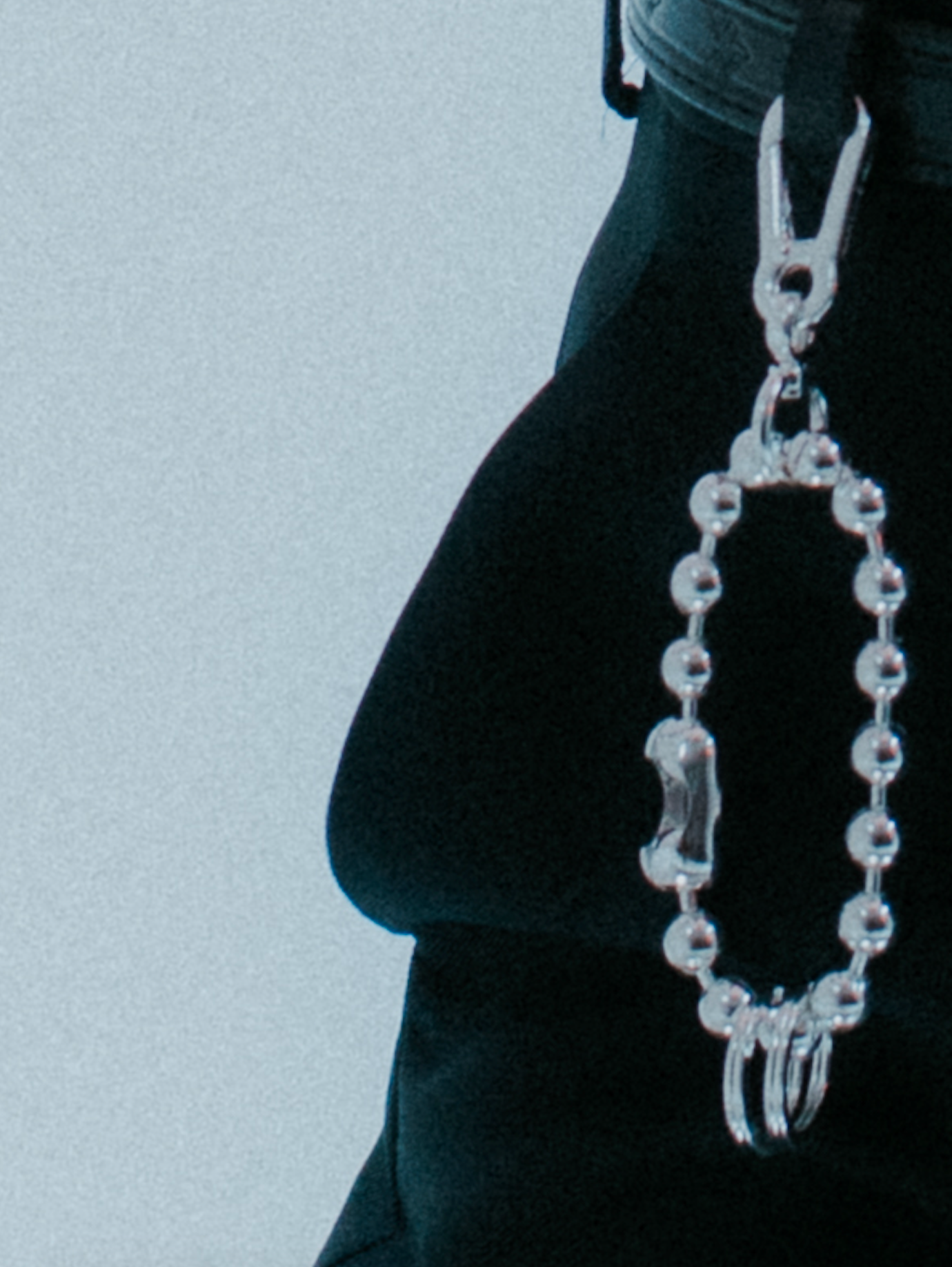 Ball chain wristlet strap accessory in silver . ON MODEL 