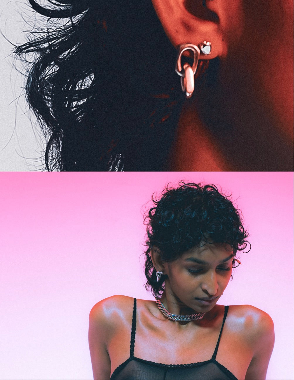 Drop earring featuring diamond-shaped link in silver . ON MODEL