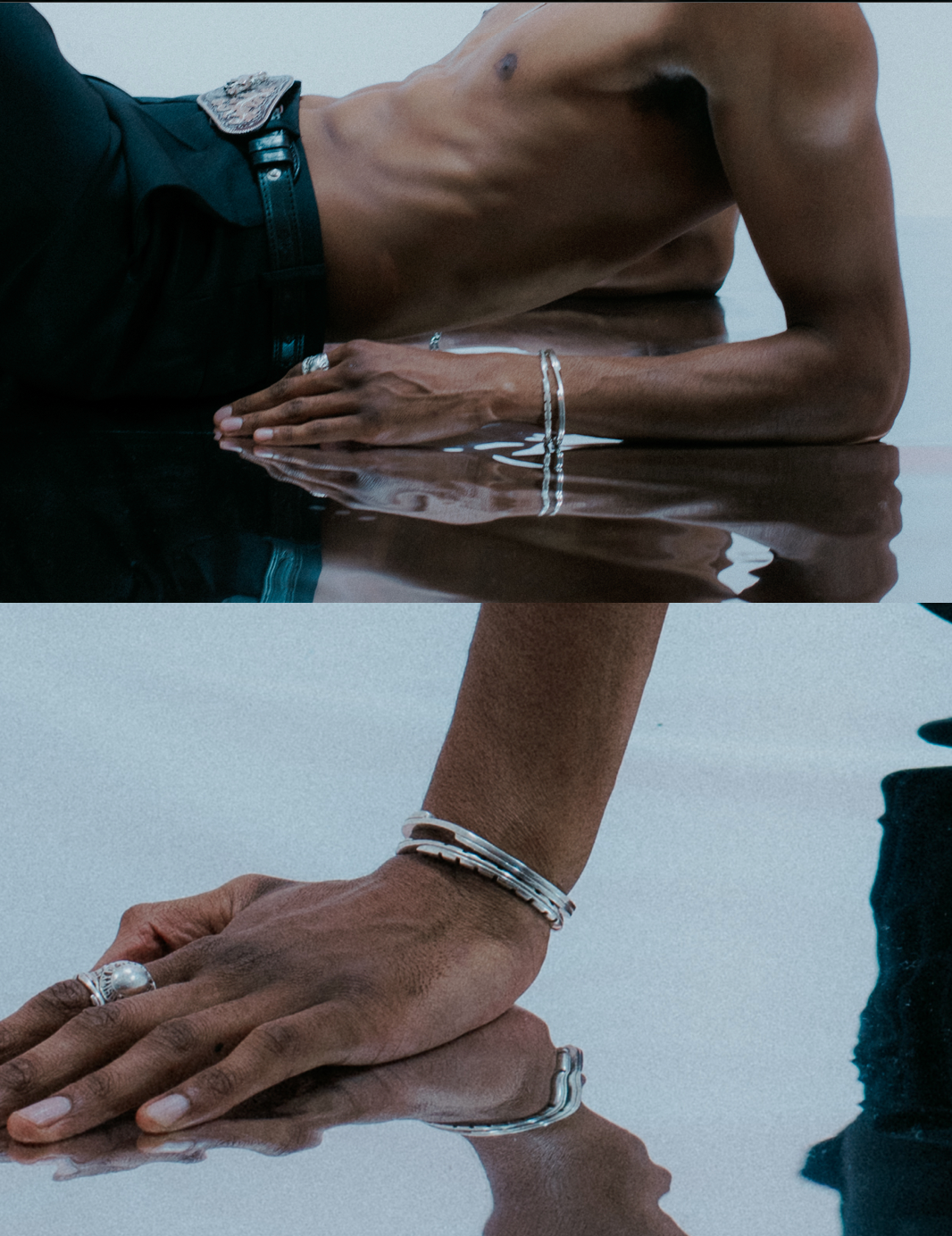 Streamlined flat wrist cuff in solid silver. On Model