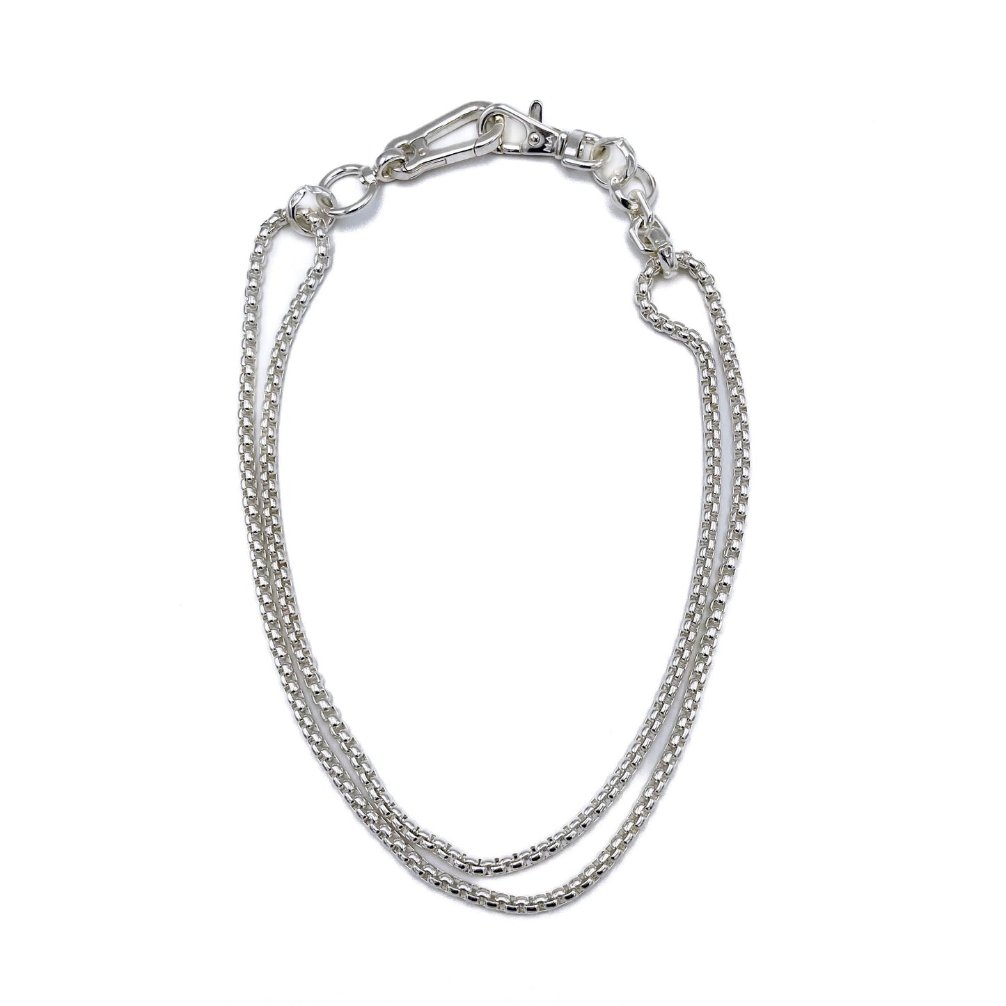 Sleek wallet chain attachment in heirloom silver . flat 