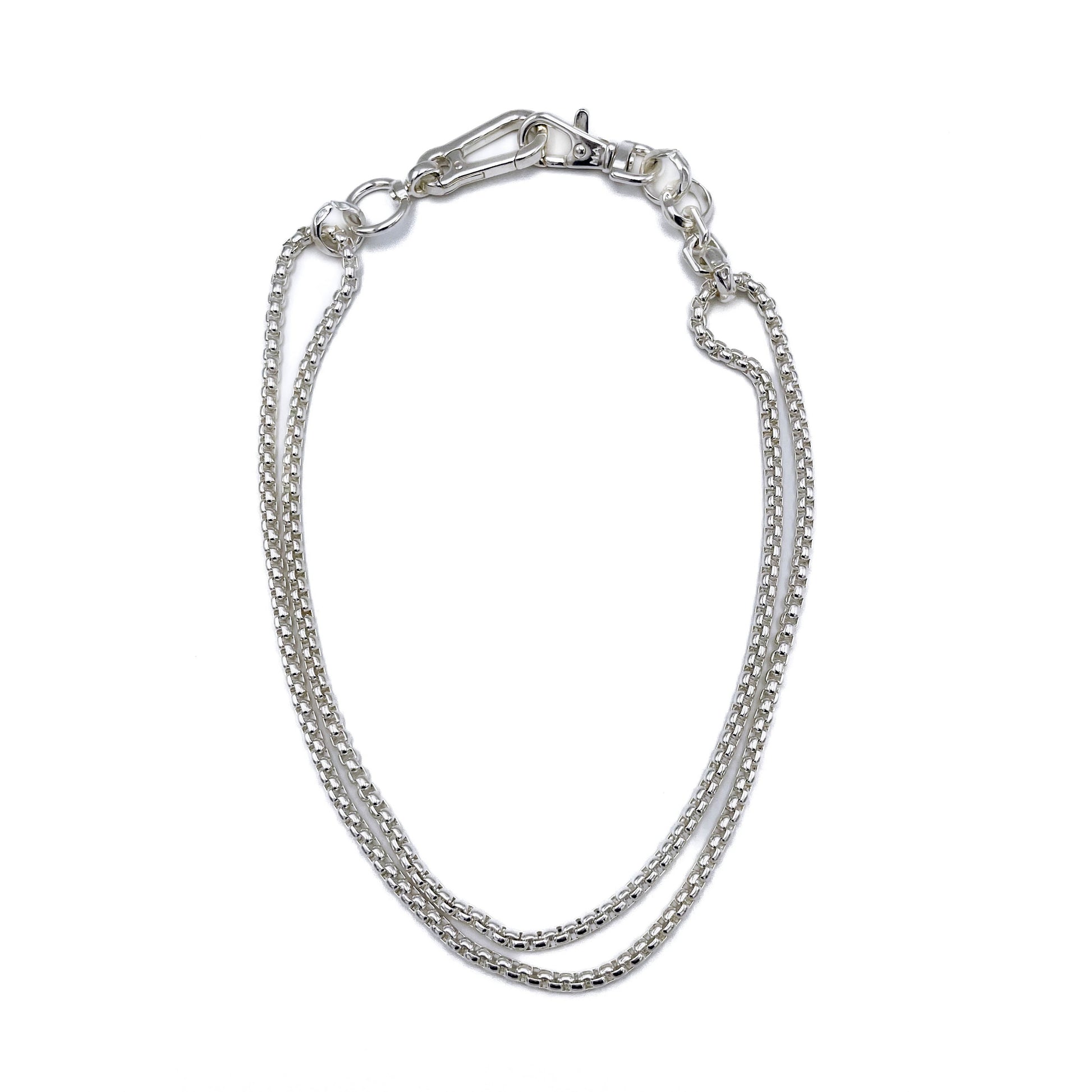 Sleek wallet chain attachment in heirloom silver . flat 
