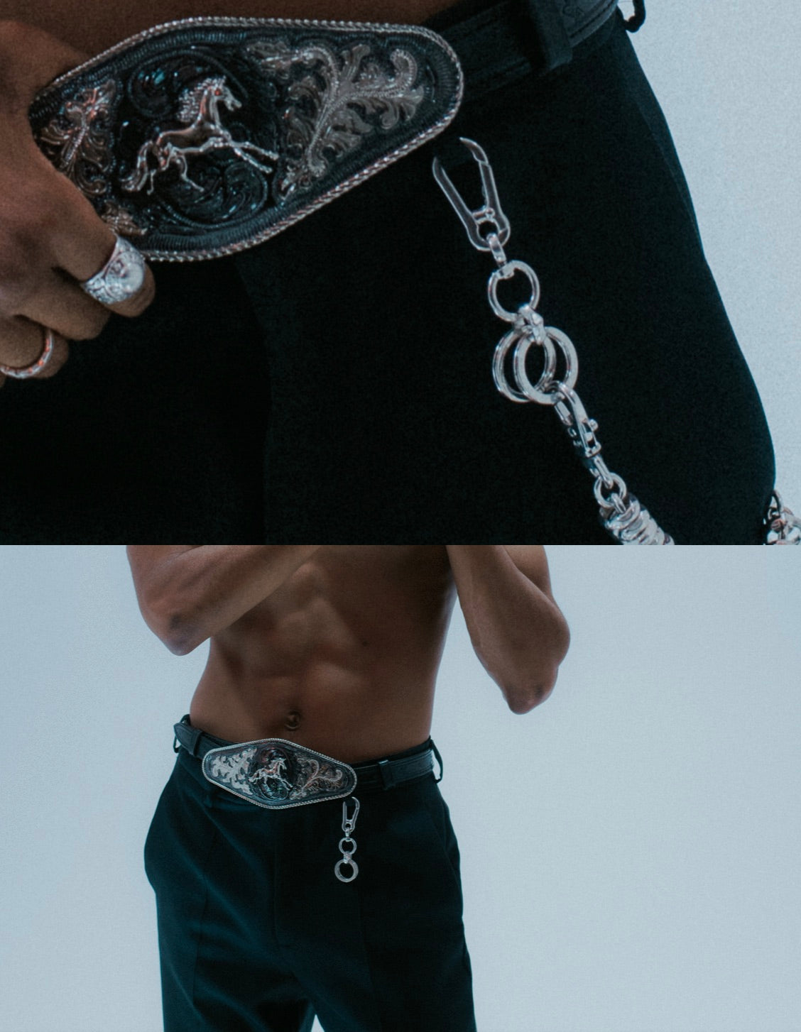 Compact keychain with robust link and clip in silver . on model and waist