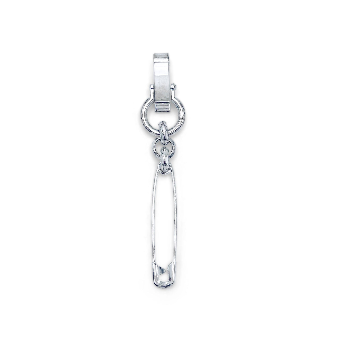 Silver safety-pin style accessory with rolo chain detail . flats