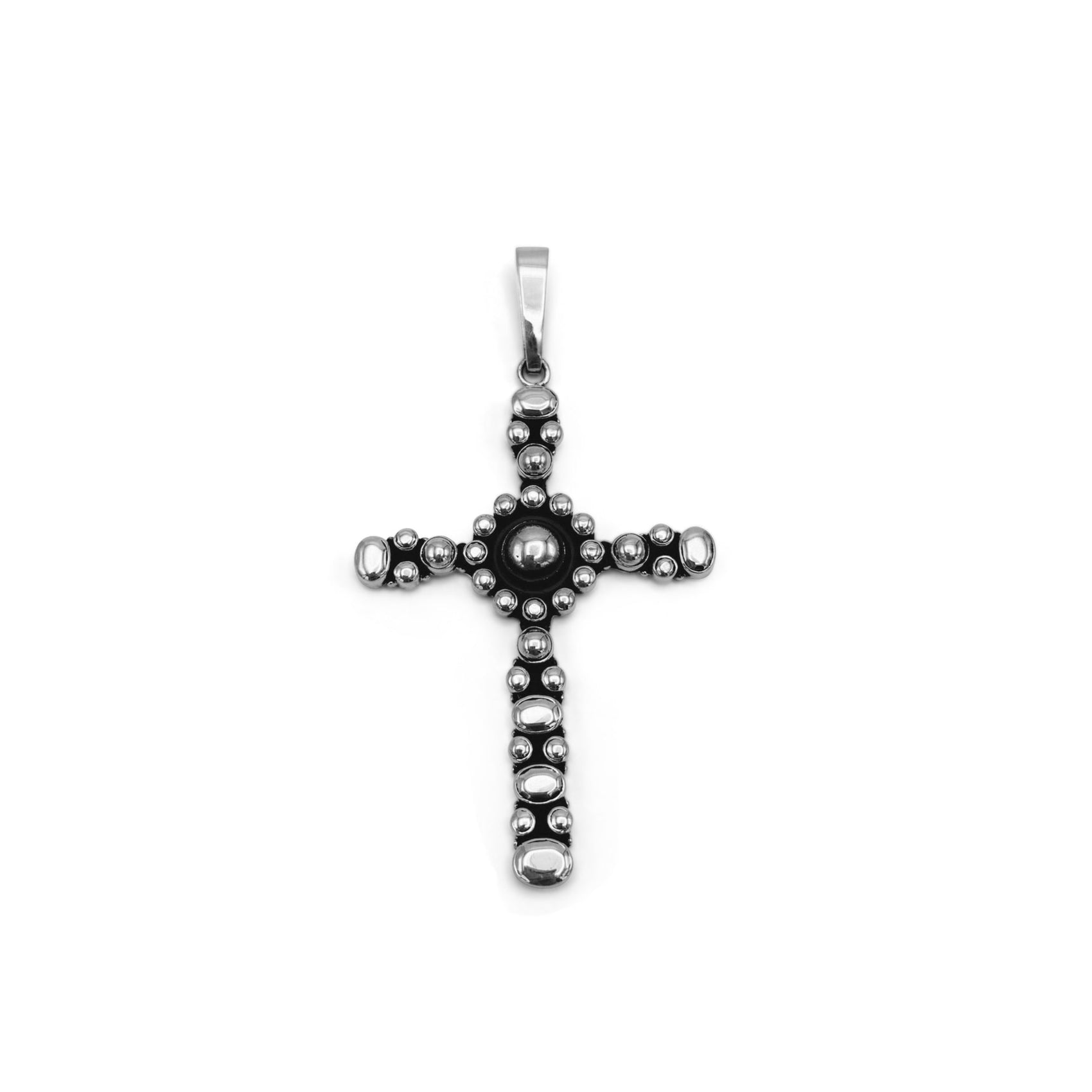 Silver cross pendant with black center on a white background