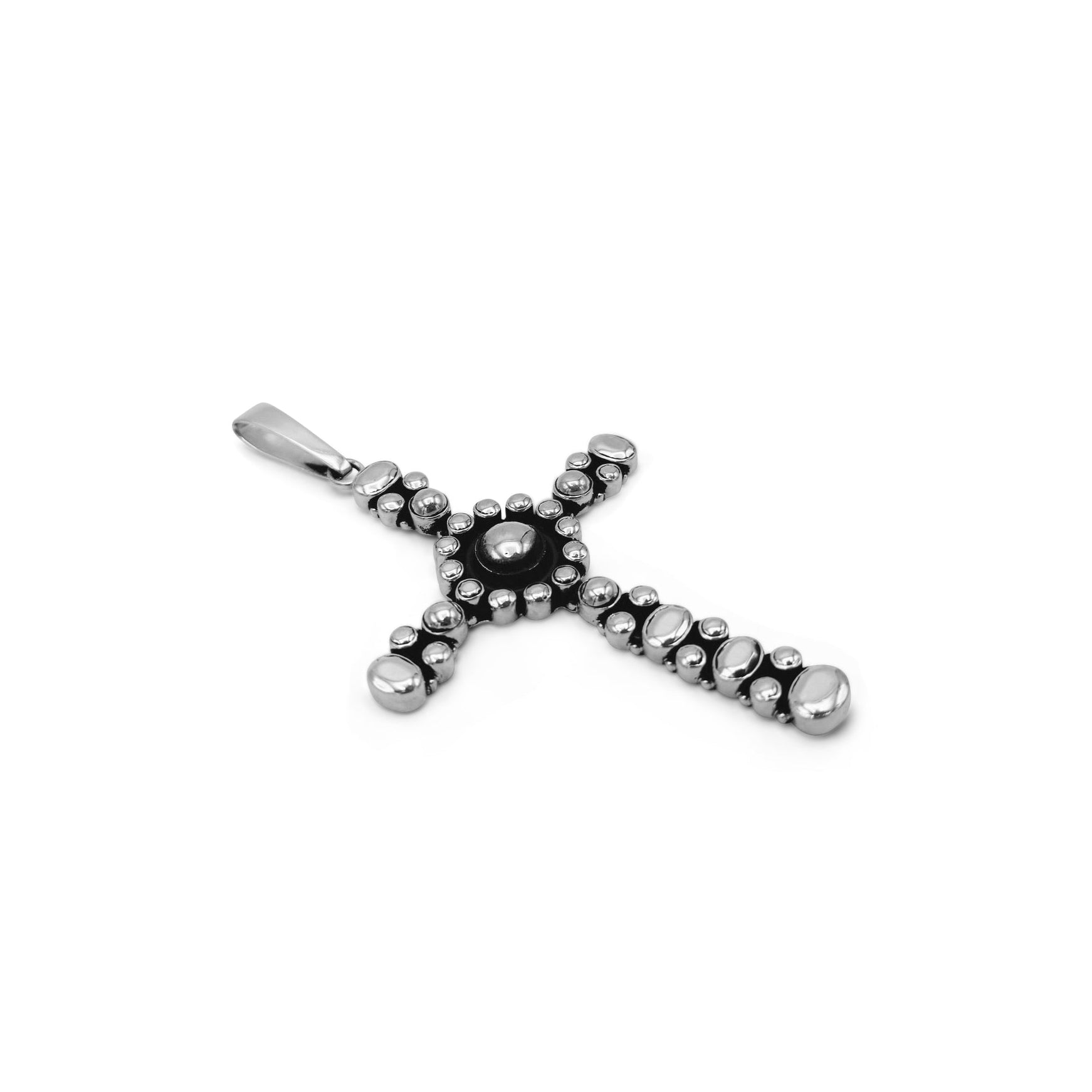 Silver cross pendant with small stones on a white background
